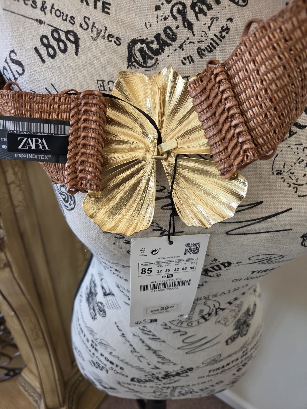 Zara Gold Flower Buckle Braided Brown Waist Belt - Picture 6 of 6